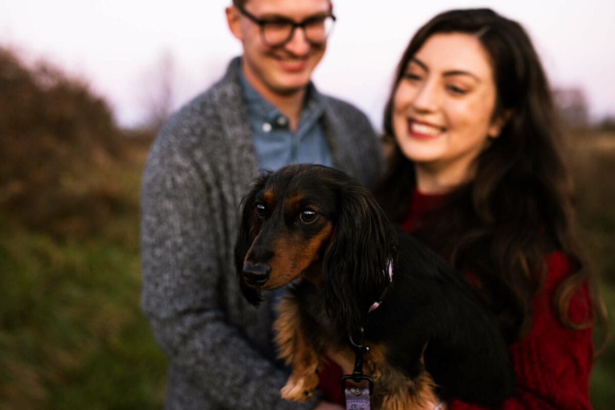 puppy held by couple laughing