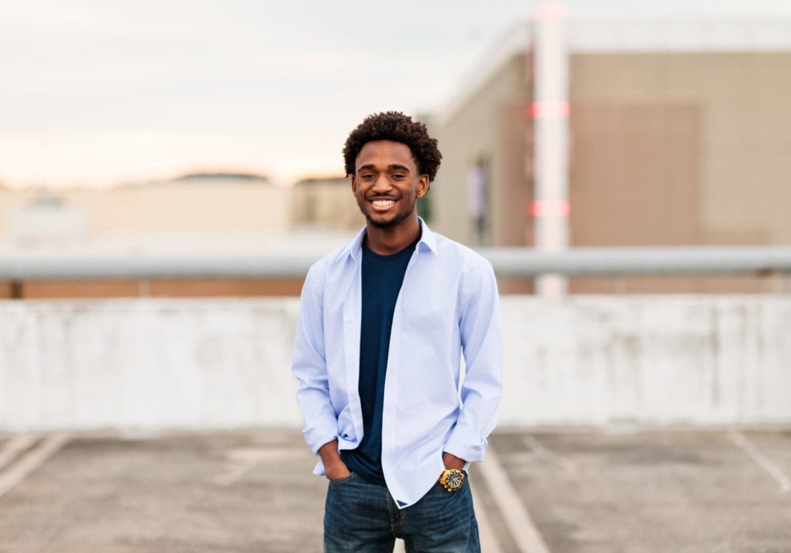 senior portrait session on rooftop garage in northern Virginia